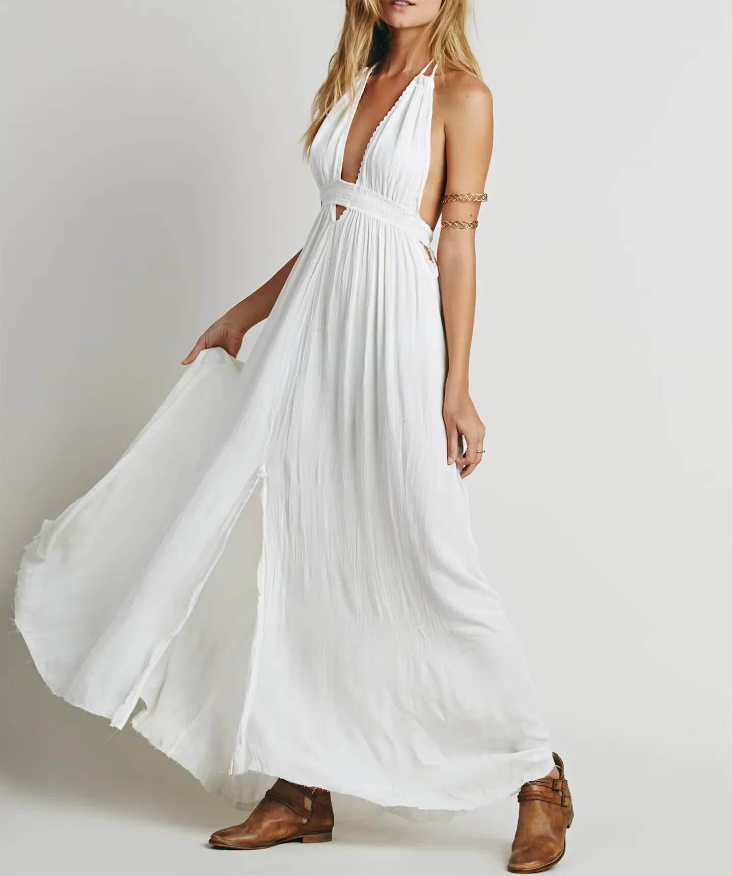 Canwedance Beach Sundress V Neck Backless Sexy Holiday Cotton Maxi Dresses Boho Vestidos Vacation Strapless Dress dongdumaoyi