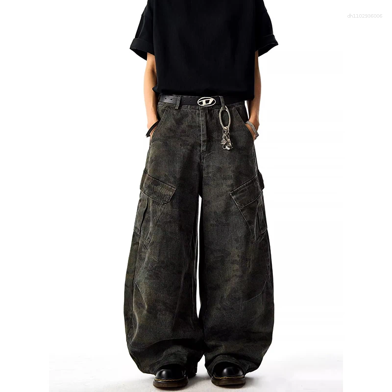 Men's Jeans High Waist Camouflage Aesthetic Vintage 2000s Streetwear Y2K Wide Leg Autumn Spliced Trouser Baggy Denim Pants