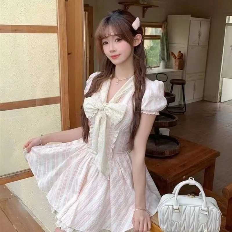 Ezgaga Womens Dress Sweet Bow Ruffles Patchwork Puff Short Sleeve Striped Summer Fashion Elegant Mini Dresses Female Princess R250716