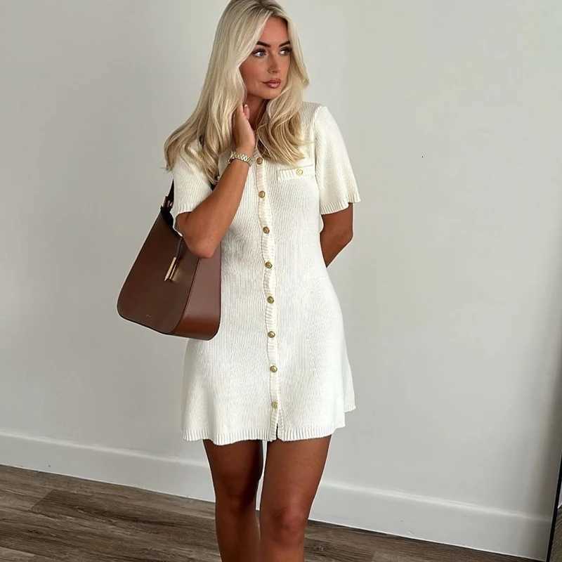 White Elegant Knitted Mini Dress For Women Metal Button Sexy Slim Rib Sweater Dress Holiday Party Outfits Autumn 2024 New R250716