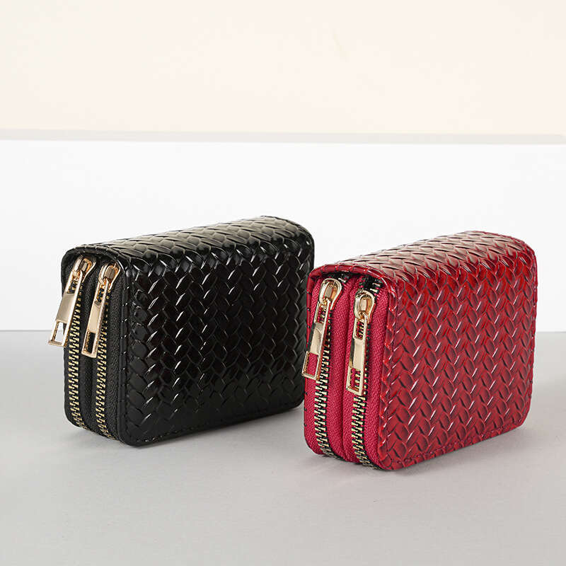 Patent Leather Wallet for Women Short Double Zipper Coin Purse with Woven Design and Accordion Card Holder