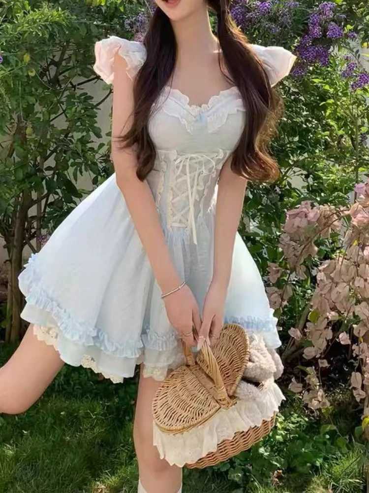 Summer Sweet Fairy Slim Blue Dress Fashion Design Lace Sling Thin Dresses Girl Elegant Chic Square Neck A-line New Outfits 2025 R250716
