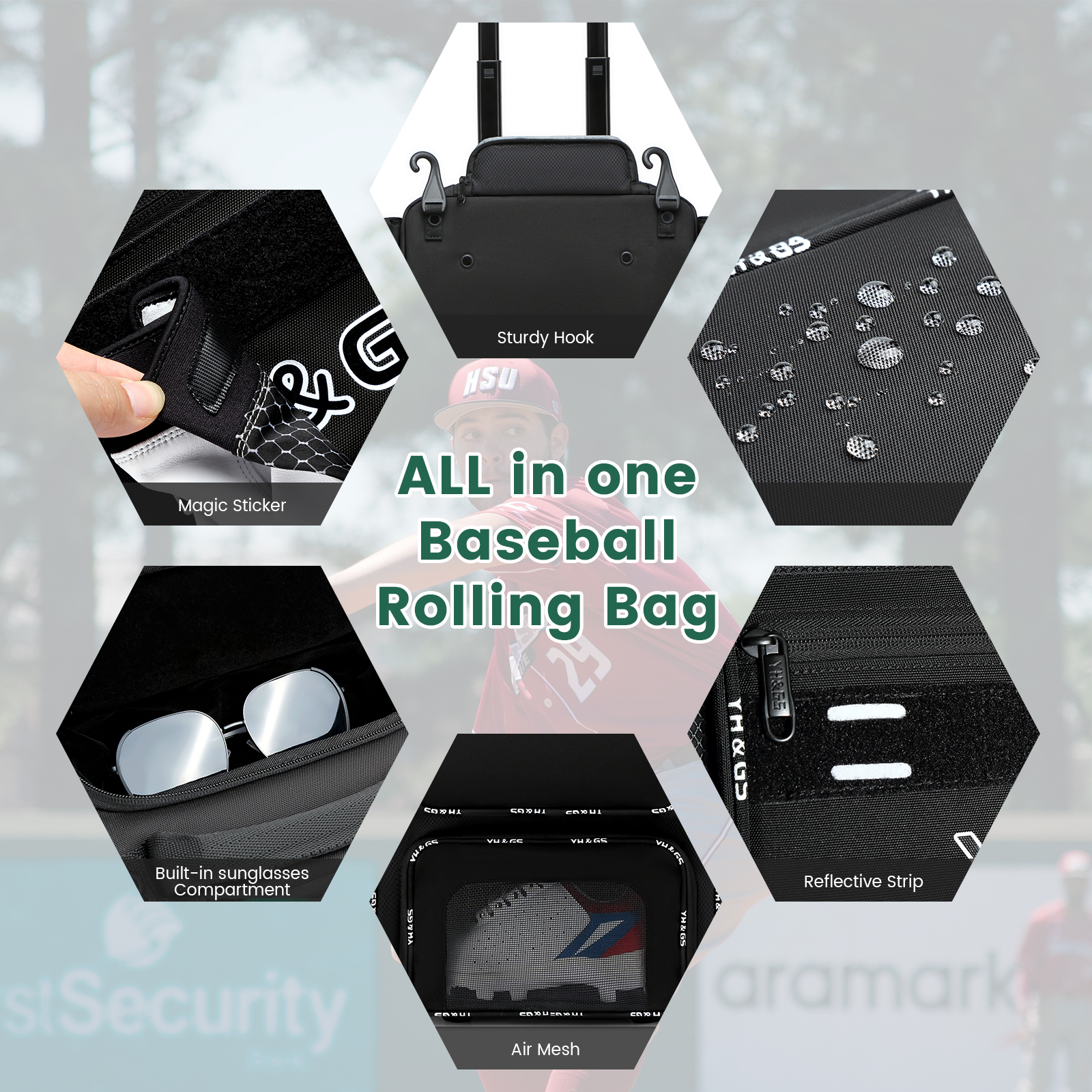 Rolling Baseball Bag,Wheeled Softball Bag with Fence Hook for TBall Bat & Equipment,Lightweight Baseball Bat Bag with Shoe Compartment