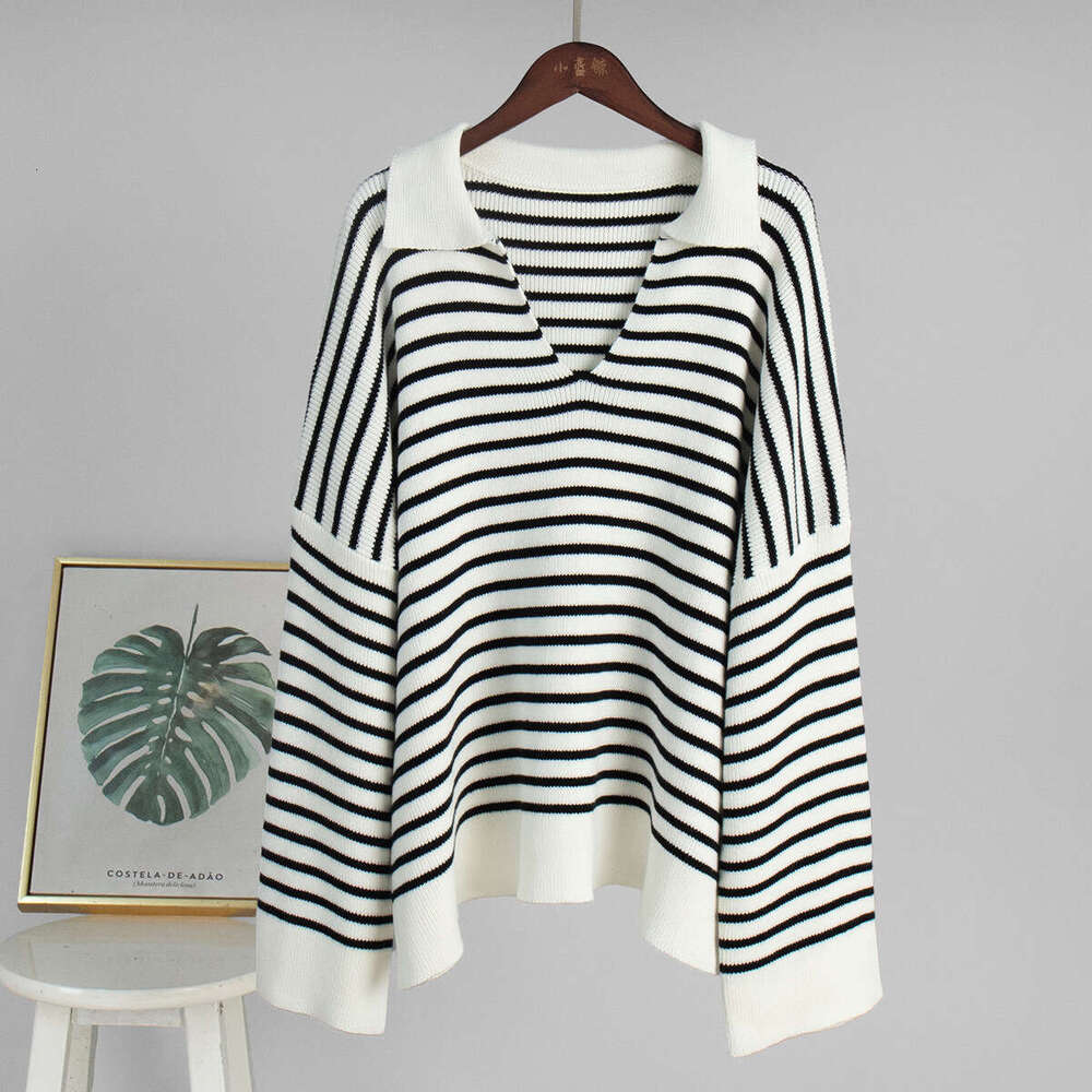Black Sweater Autumn Winter New Turn-Down Collar Striped Long Sleeve Loose Pullover Knitwear For Women B5