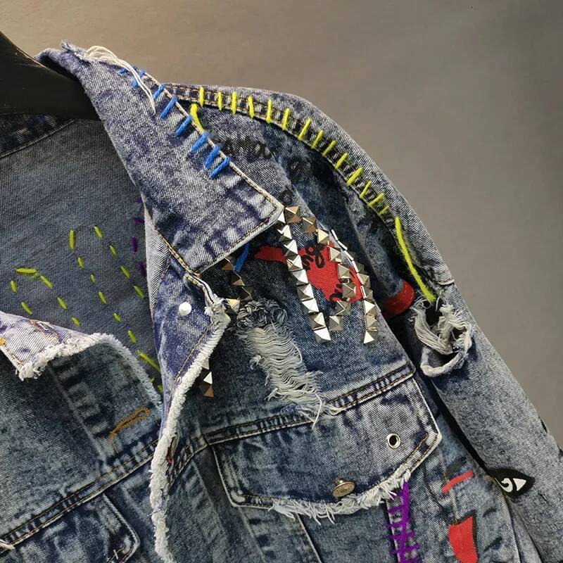 Rivet Beaded Line Tassel Letter Graffiti Print Women Outerwear Spring Autumn Casual Hole Denim Jacket Veste Femme