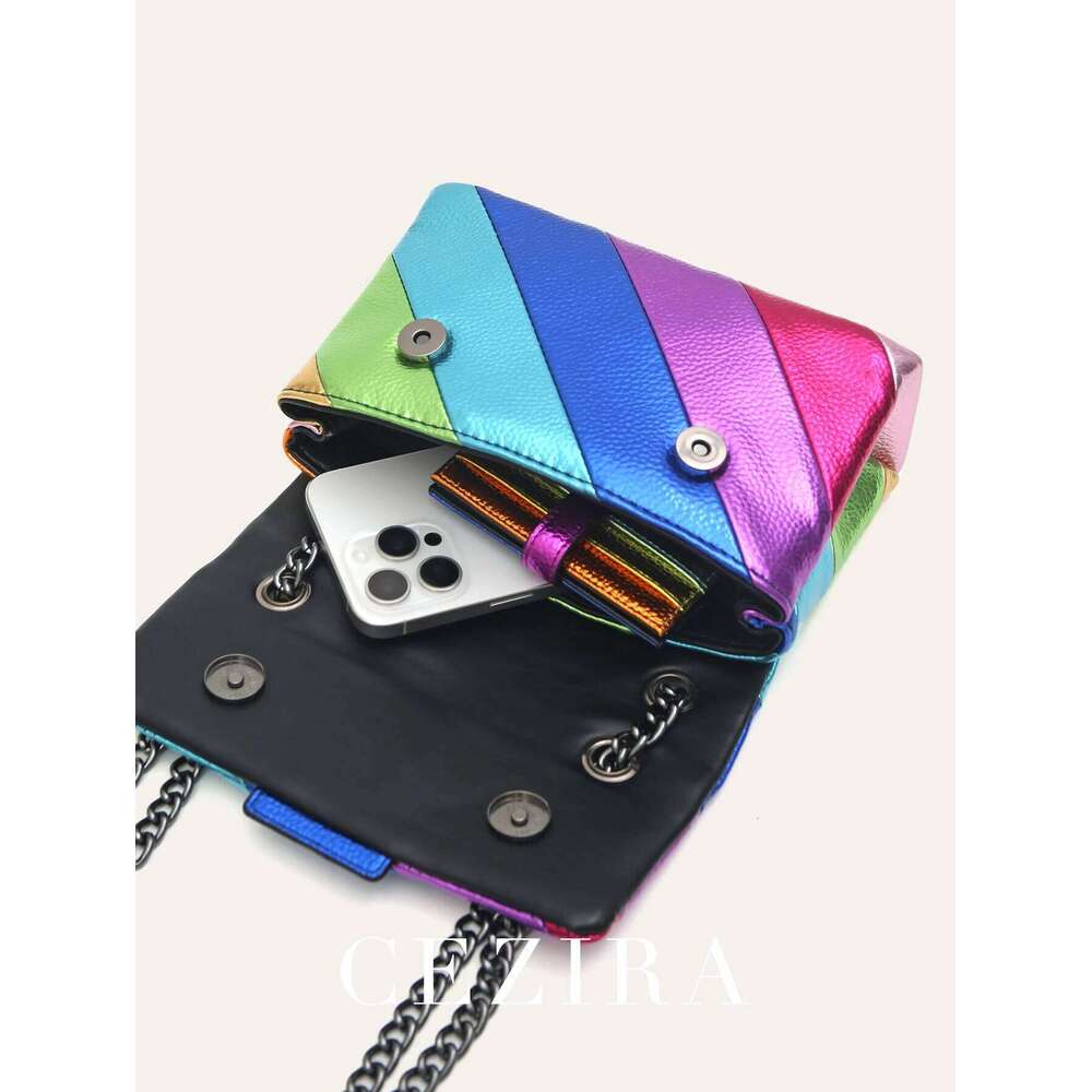CEZIRA Women Fashion Metallic Rainbow Color Stripes PU Vegan Leather Bag Small Square Magnet Flap Cover Metal Chain Cross Body