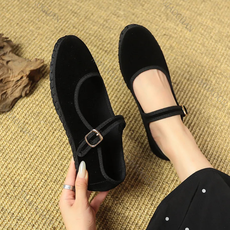 Retro Flat Suede Shoes for Women Casual Spring Belt Buckle Strap Womens Flats Solid Round Toe Shallow Soft Bottom Ladies Shoes 250712