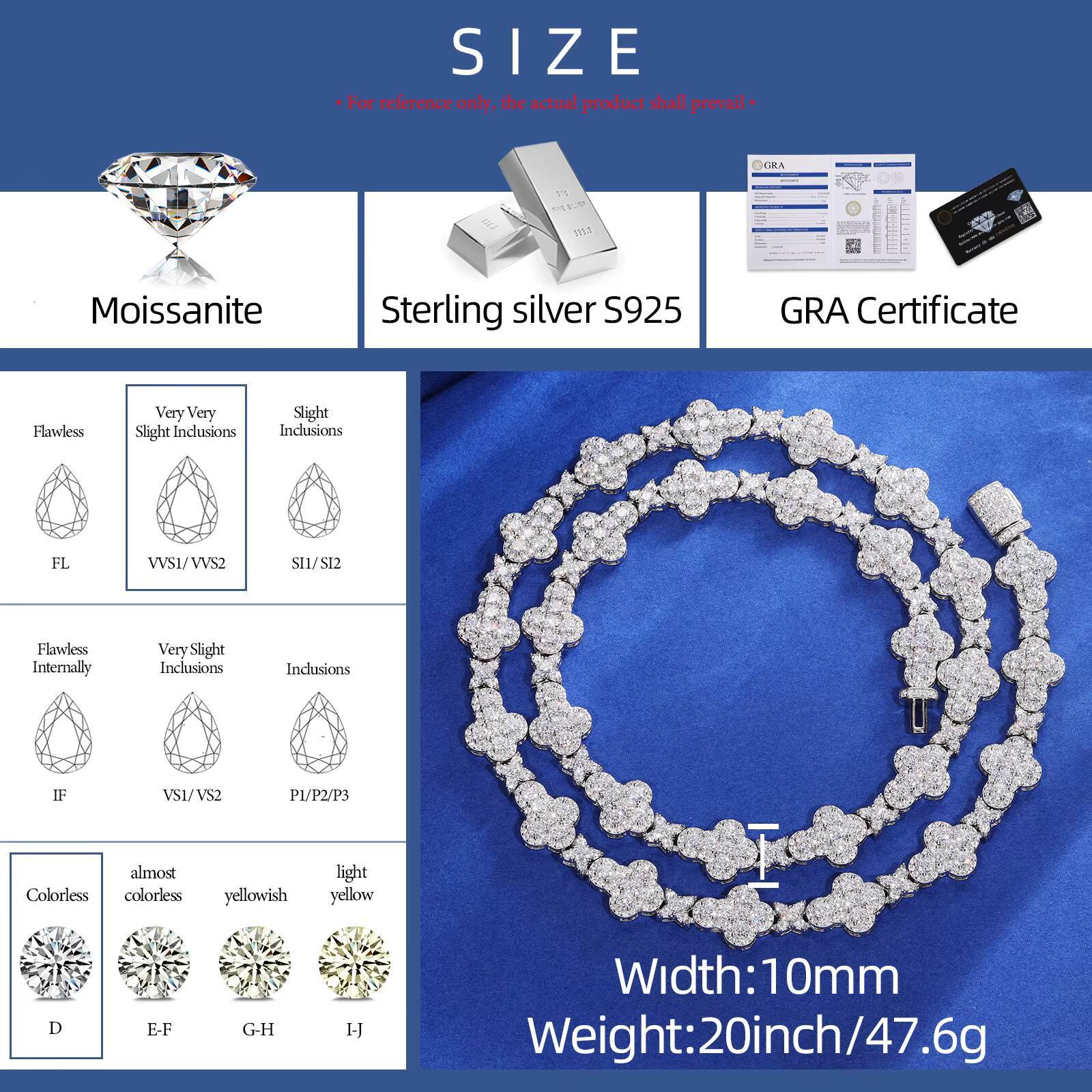 New Cross Collection Sparkling Necklace Mens 10mm 925 Sterling Silver VVS Moissanite Diamond Iced Out Cross Star Link Chain
