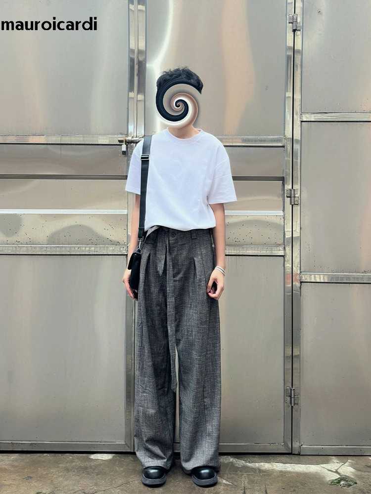Mauroicardi Spring Long Gray Flowy Baggy Wide Leg Pants for Men Sashes Clothing Loose Casual Soft Korean Fashion Trousers 2024 y250716