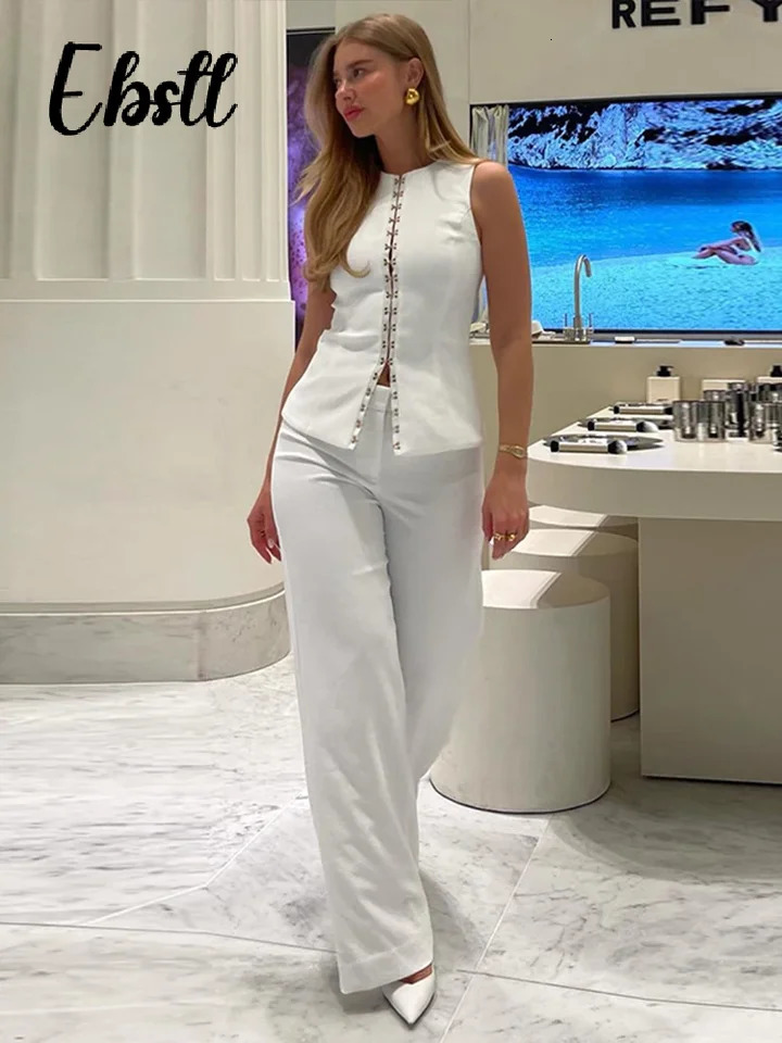 Solid Office Trousers Set Women O-neck Sleeveless Single Breasted Slim Vest High Waist Straight Pant Fashion Lady Outfit 250715