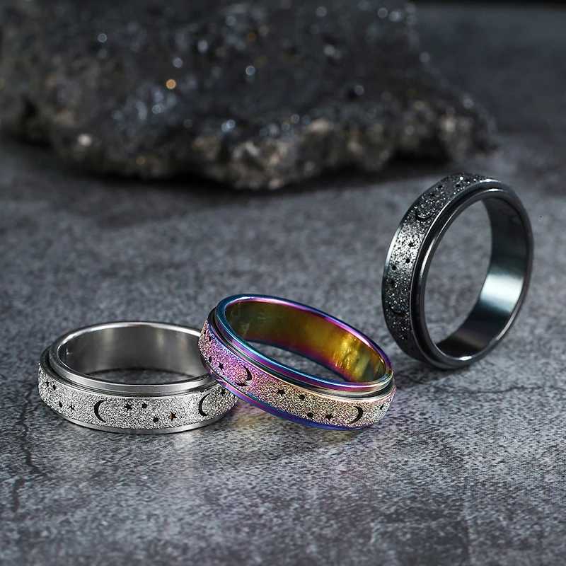 6MM Retro Rainbow Stainless Steel Moon And Star Metal Spinner Fidget For Women Anxiety Relife Spinning Ring Jewelry Bague Homme S250716