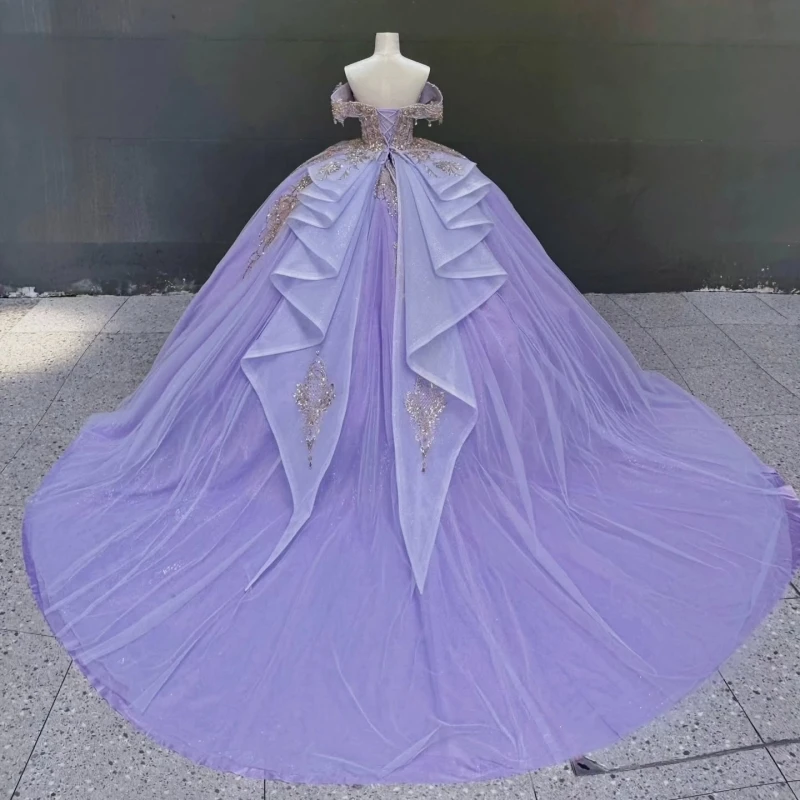 Lavender Quinceanera Dresses Ball Gown Off The Shoulder Sequin Applique Lace Beading Tull Party Birthday Sweet 16 Dress Vestidos De 15 Anos