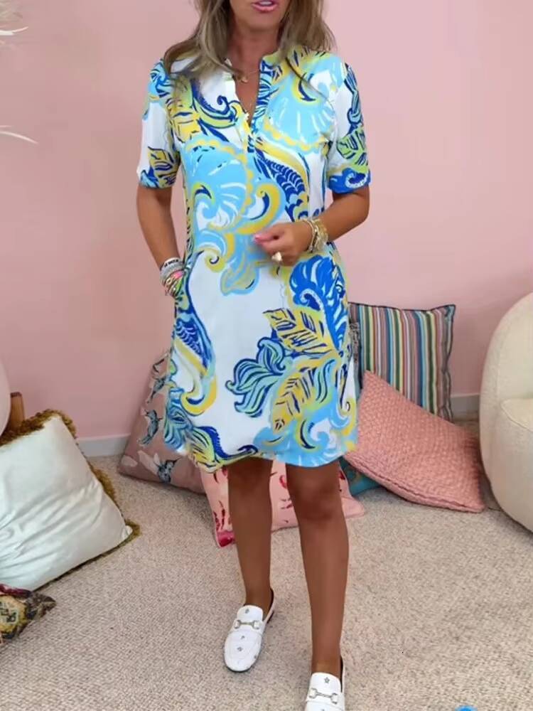 Summer Loose V-neck Short Sleeve Fashion Casual New Print Elegant Beach Party Dress Womens Clothing dongdumaoyi