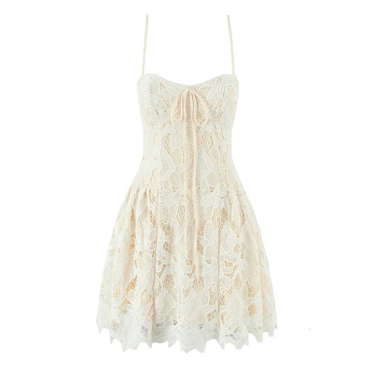2025 Sexy Black Embroidery Hollow Out Lace Bow V Neck Sling Mini Dress Women Low Waist Pleated Swing Dresses Party Beige Robe R250716