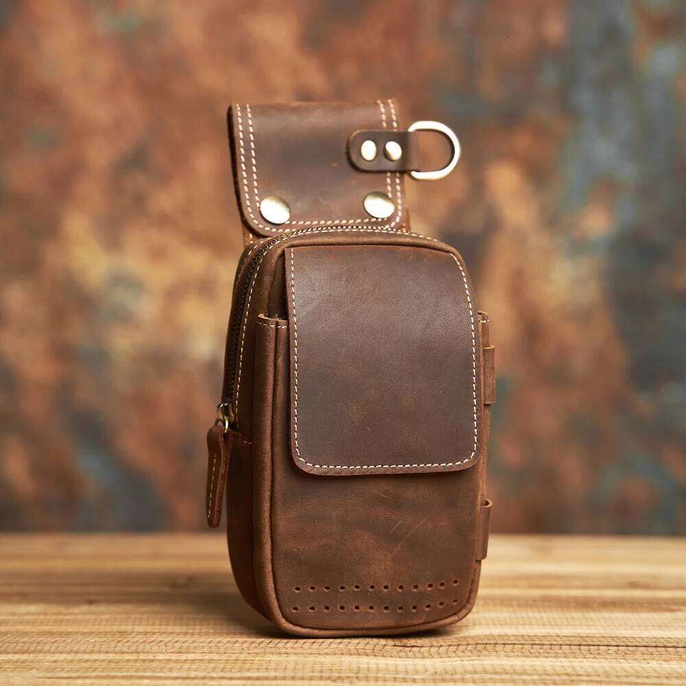 Genuine Leather Men's Multifunctional Mobile Phone Wearable Belt Waist Bag with Key Hanging Buckle