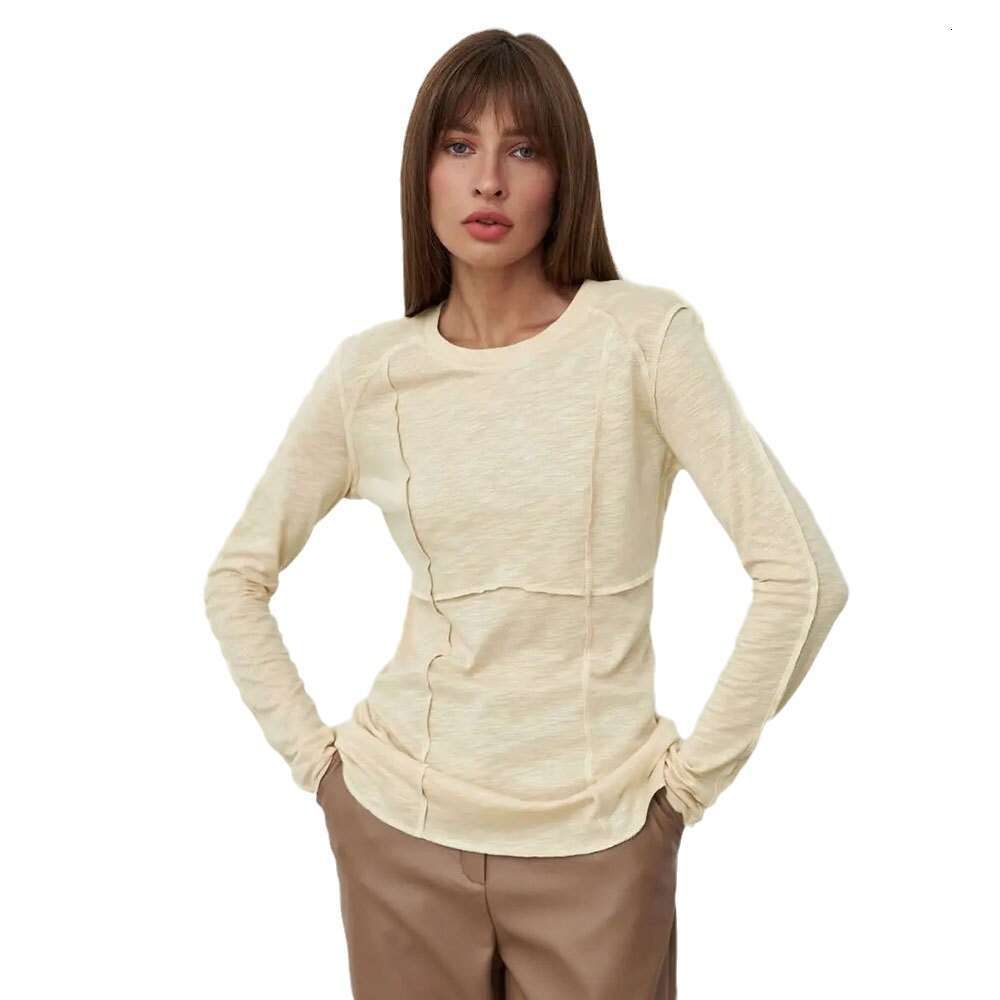 Round Neck For Women Spring New Fashionable Elegant Casual Stitched Long Sleeve Base T-Shirt B5