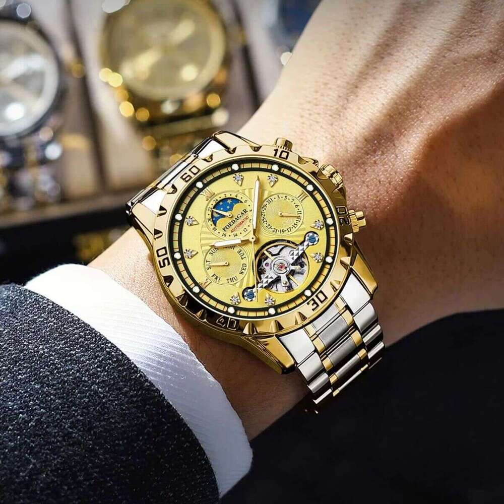 DHwatches Men's Luxury Mechanical Watch - 50M Waterproof Moon Phase Automatic Wristwatch with Exhibition Caseback (Model 1412)