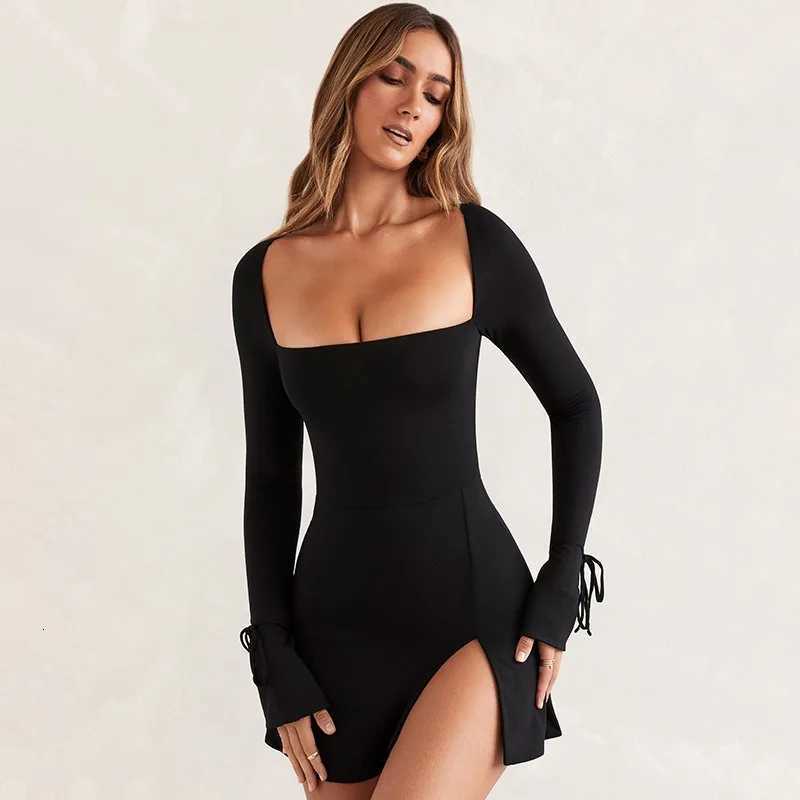 Spring New Mini Dresses Women Streetwear Fashion Long Sleeves Lace-up Split Dress Black Sexy Elegant Casual Slim Dresses Female R250716