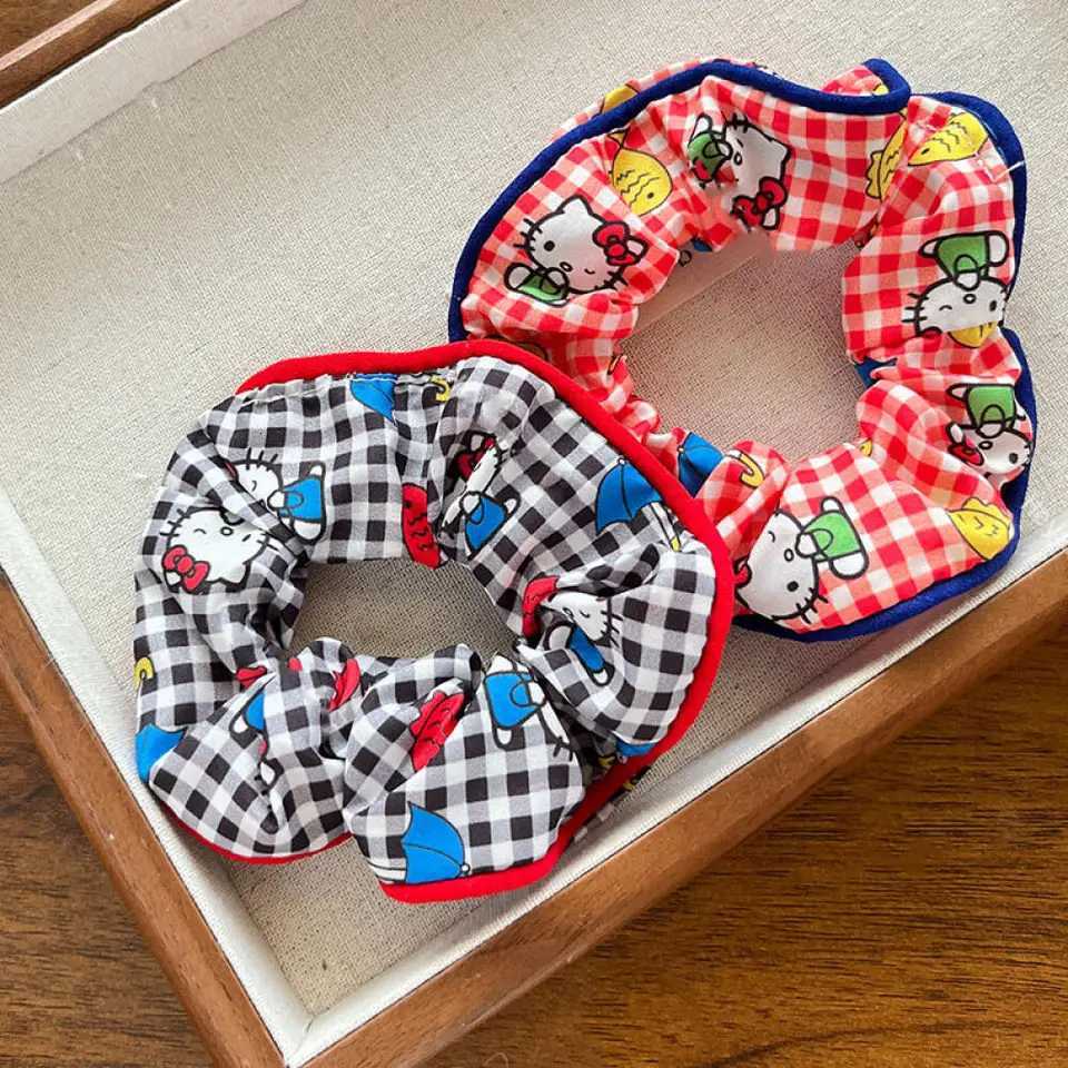 Sanrio Hello Kitty Checked Scrunchies Sweet Kitty Cat Color Contrast Scrunchies High Ponytail Rubber Band Hair Accessories Giftsw250716