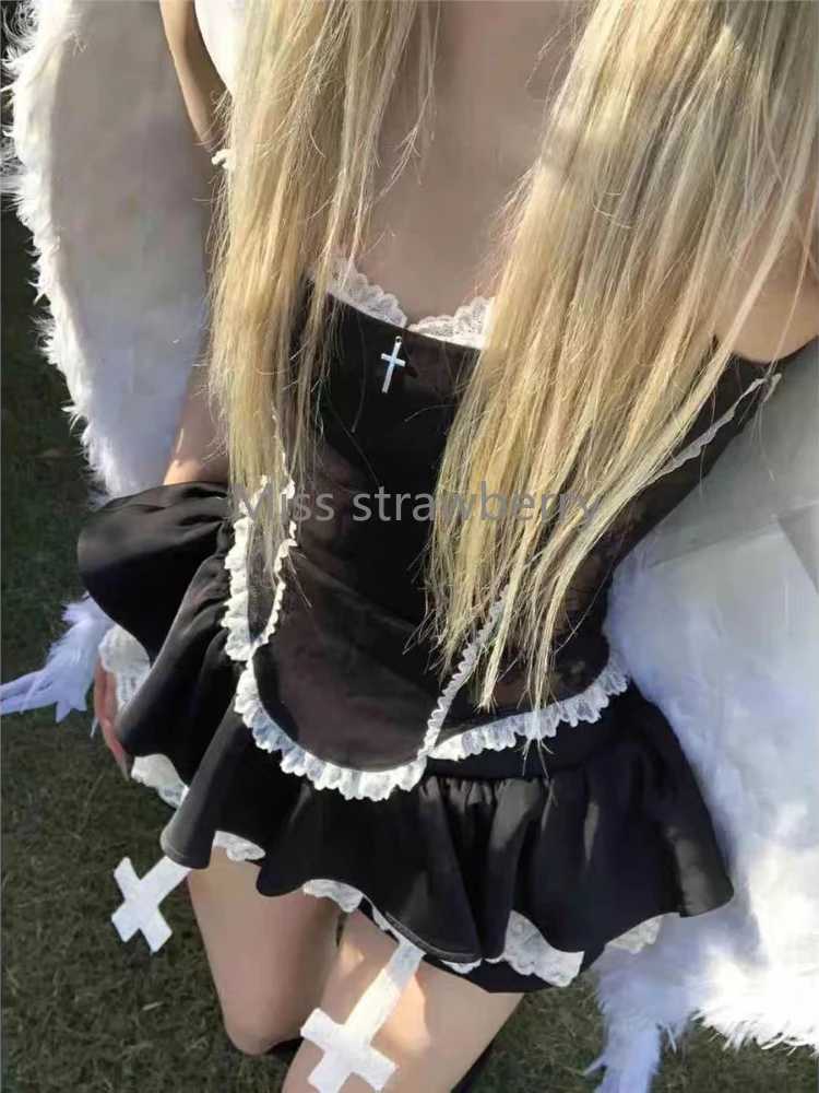 Summer Subculture Lace Patchwork Suit Women High Street Y2k Off-shoulder Tops Gothic Retro Short Thin Skirt Set Outfits R250716