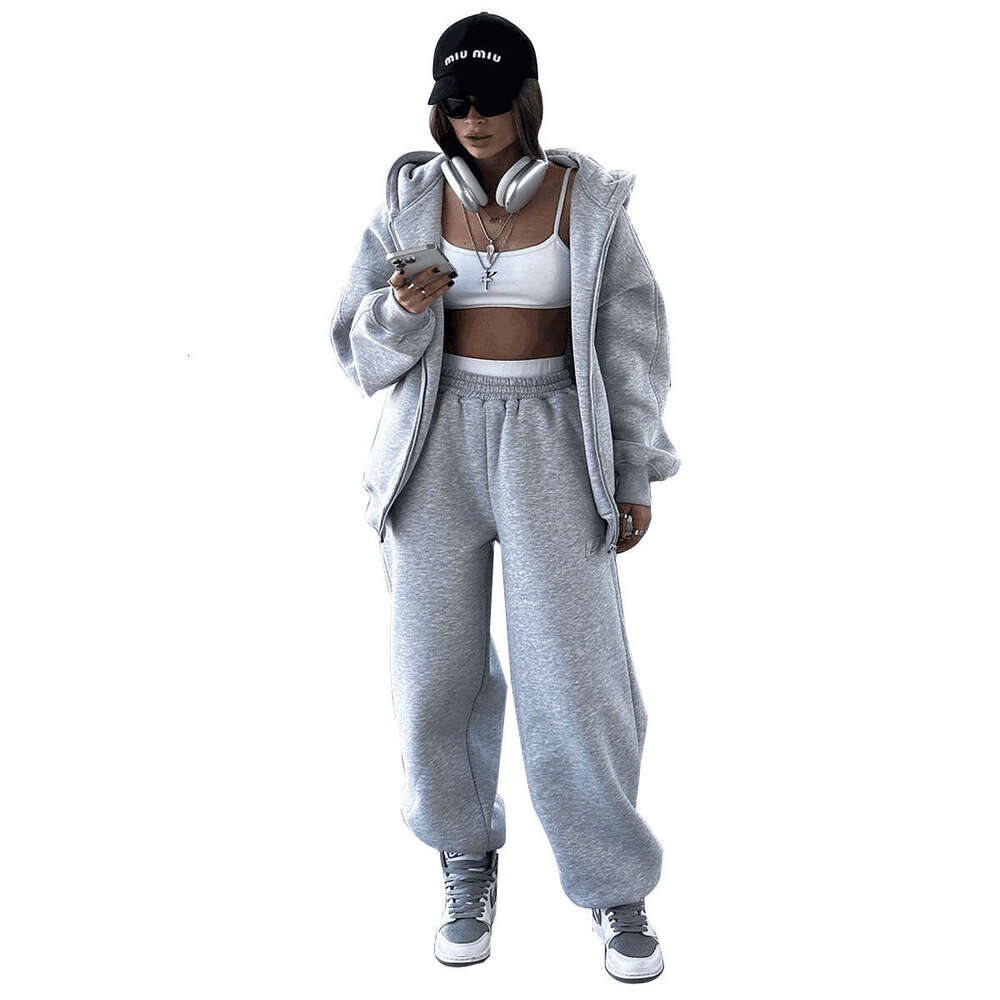 Autumn Winter New Women's Sports Casual Fleece Cardigan Sweatshirt Set B5