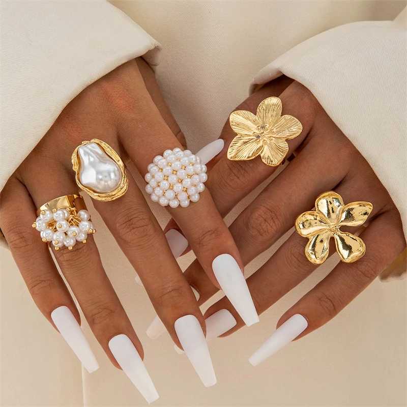 5Pcs/set Geometric Stainless Steel Imitation Pearl Rings for Women Luxury Gold Color Open Knuckle Ring Engagement Gift Jewelry S250716