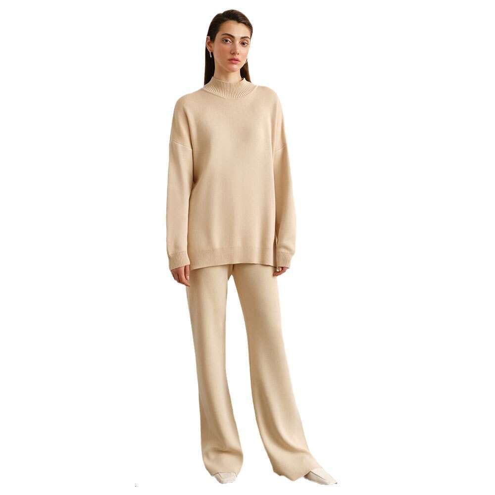 Solid Color Knitted High Neck Slit Women's Fashion Casual Lazy Sweater Set For Autumn And Winter B5