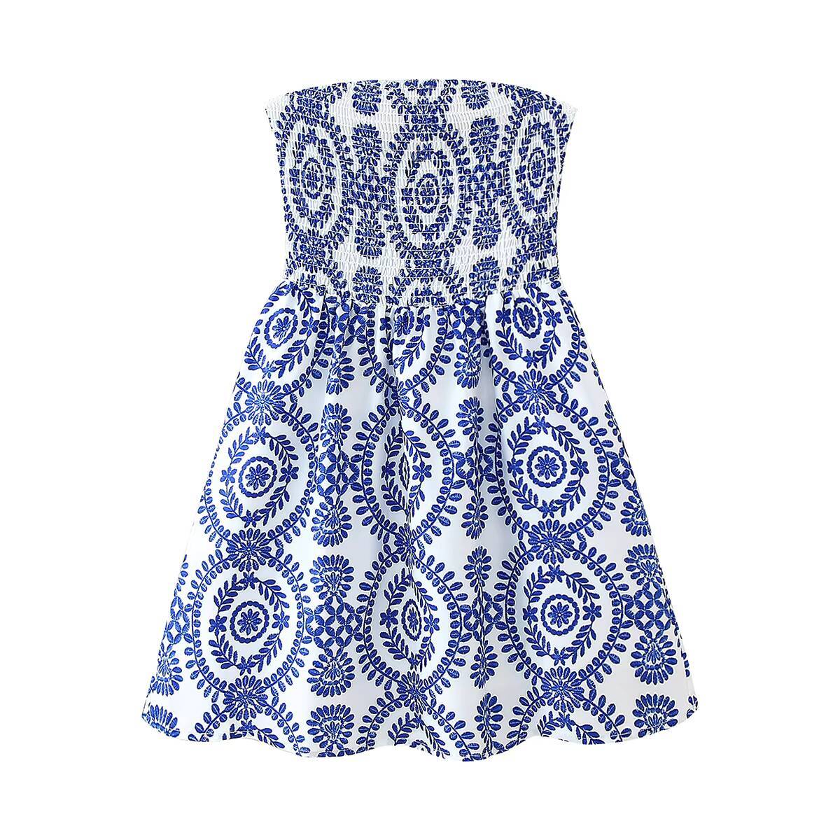 Women Dress Stylish Floral Prints Shirred Bust Fit and Flare Above Knee Vacation New Dresses Strapless Clothing dongdumaoyi