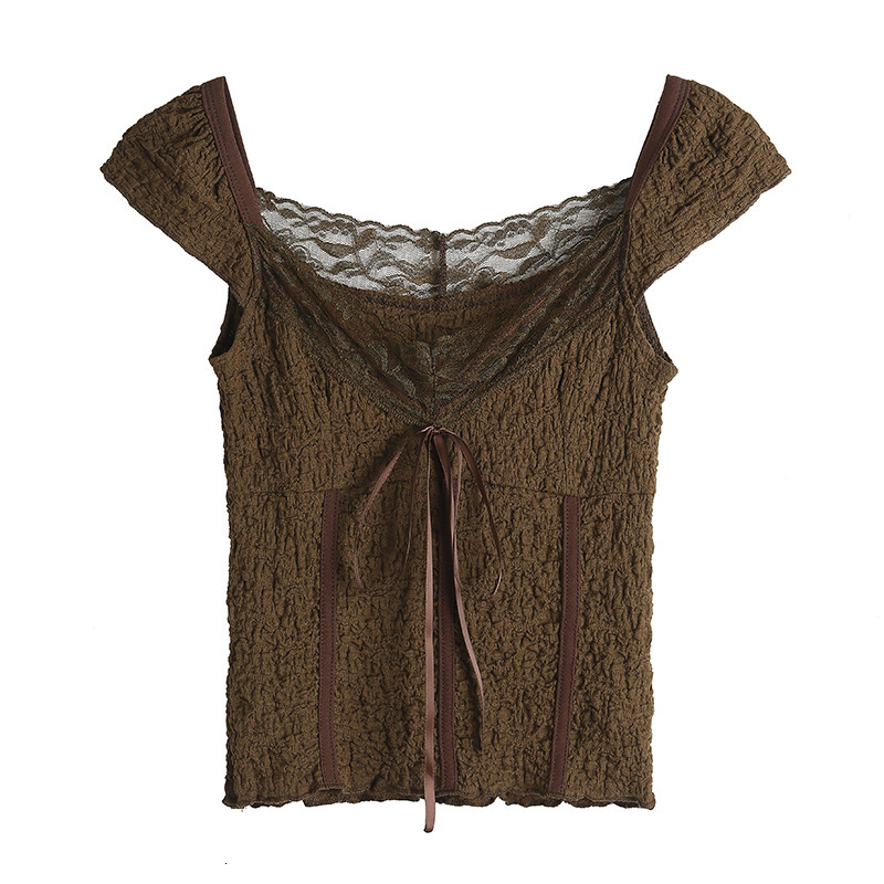 Summer New Women S T Shirt Summer American Retro Brown Textured Lace Spicy Girl Low Neck Bow Patchwork Short Sleeve T Shirt For Women New Designer T S