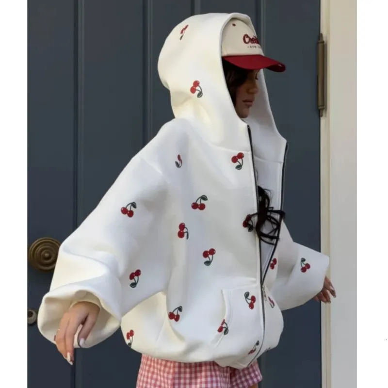 Womens Cherry Printed Sweatshirt Jacket 2025 Autumn Street Style Fashion Trendy Loose Versatile Sports Hoodie Female 250715