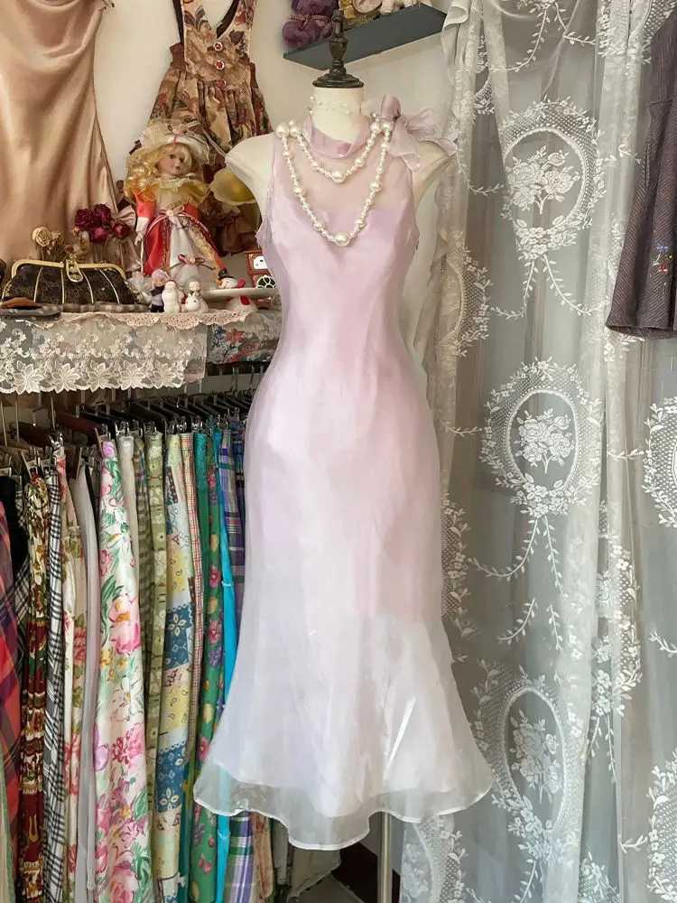 France Vintage Elegant Skinny Sleeveless Dress Women Design Sweet Pink Slim Dresses Female Retro Chic Fairy Thin Clothing New R250716