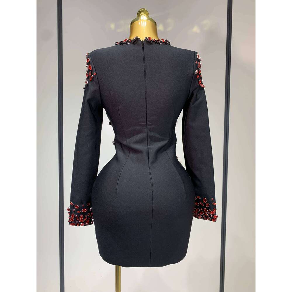 Birthday Women Celebrity Sexy Long Sleeve V Neck Rhinestone Black Bandage Dress Elegant Evening Club Party Dresses