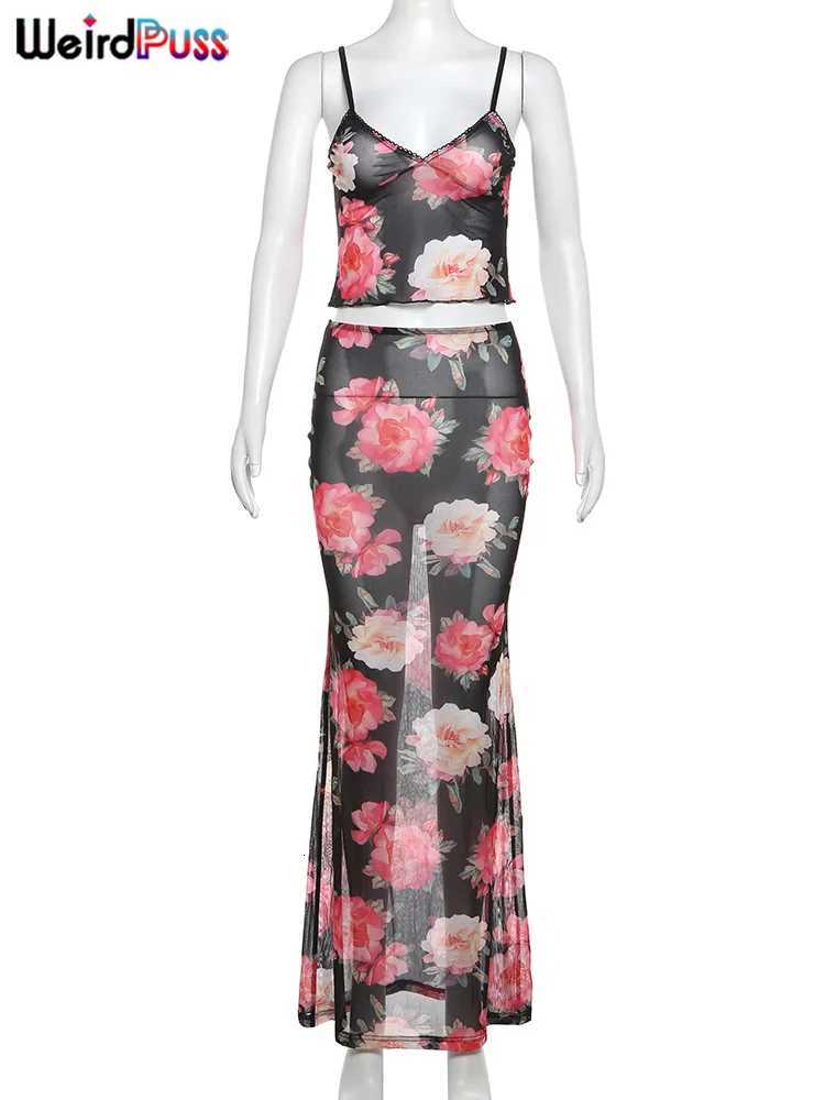 2 Piece Set Side Split Slim Long Skirt + V Neck Camisole for Women Weird Puss Summer Sheer Women Sexy Vacation Party Matching Suits R250716