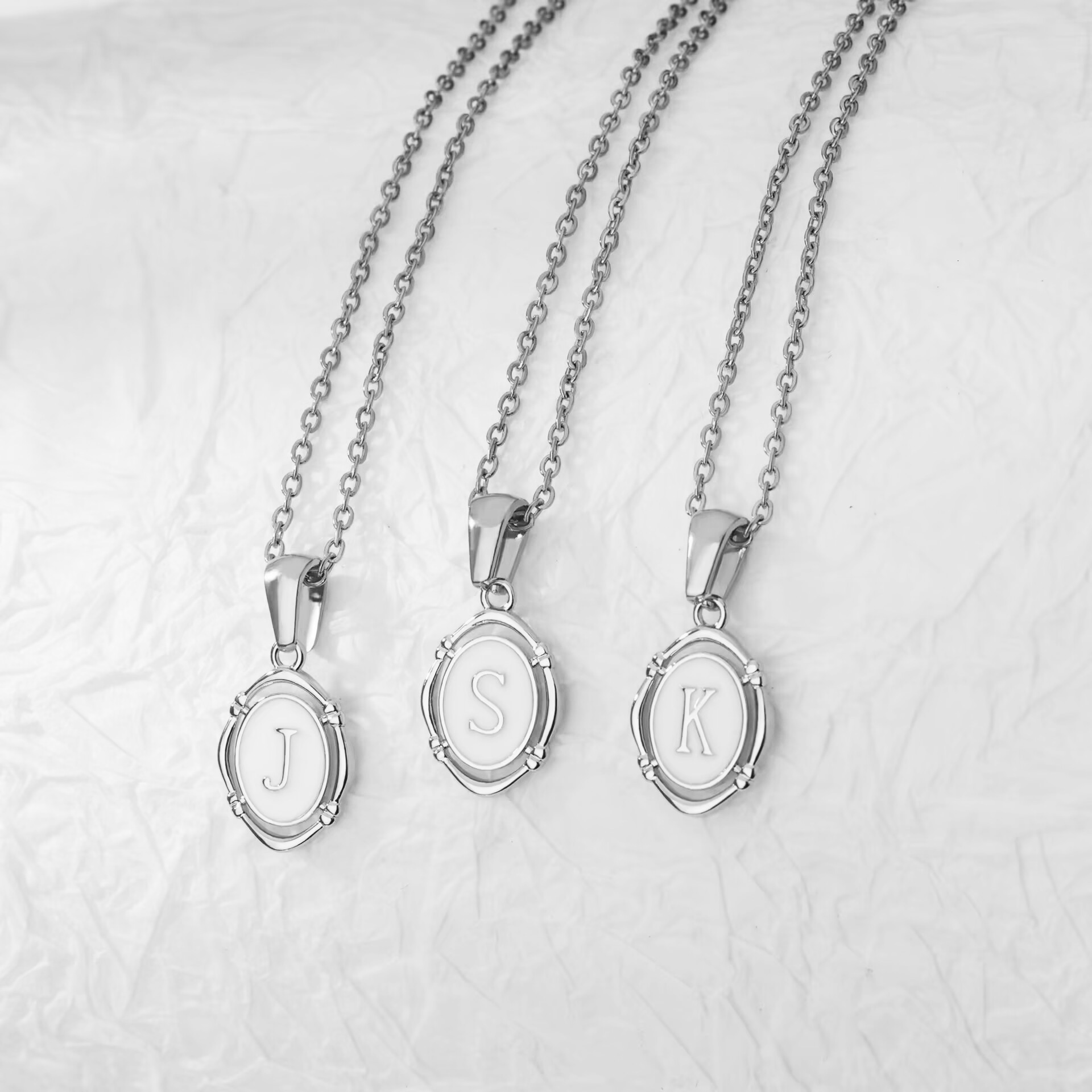 Stainless Steel Oval White Oil Drop Necklace Accessories for Women Summer A--Z Hexagonal Letter Pendant Jewelry