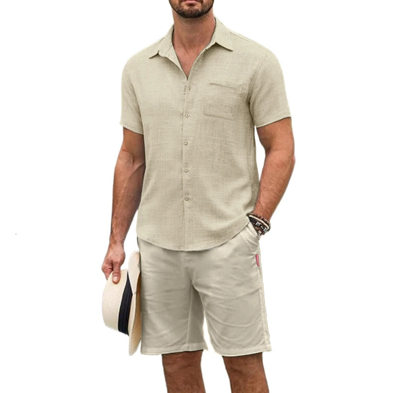 Summe Mens Short Sleeve T Shirts Cotton and pants Beach 2 Pieces Sets Button Down Shirts Suit Casual Tracksuit Vacation Clothes 250715
