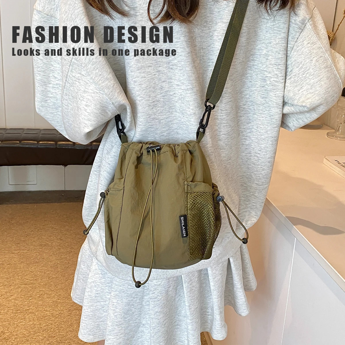 K-Style Niche Nylon Bag for Women Lightweight and Versatile Ins Crossbody Bag Drawstring Bucket Mobile Phone Bag 250714