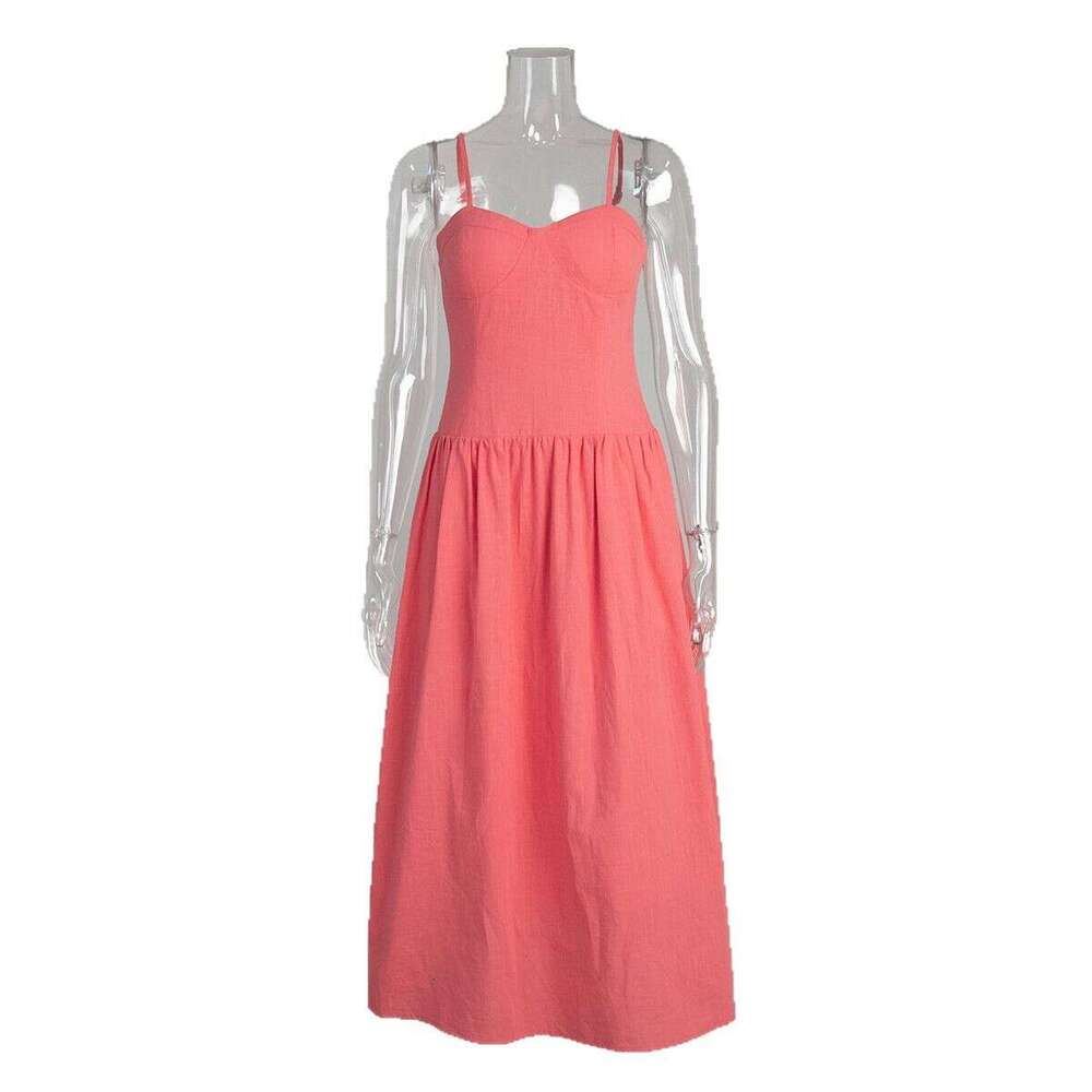 Pure Cotton Summer New Elegant Waist-Cinching Padded Strap Dress B5