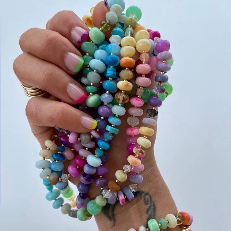 boho summer natural Stone beaded Jewelry Summer Agates Tiger Eye Stone Gray Labradorite Jaspers ite Necklace Gift 250712