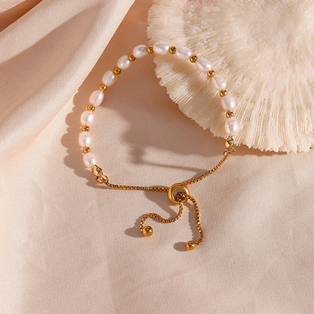100% Real Natural Oval Shape Freshwater Pearl Beaded Bracelet For Women High Quality 18K Gold Plated Waterproof Bracelet Jewelry 250712