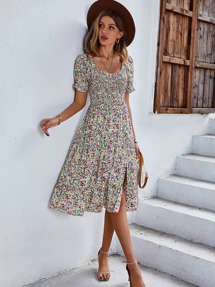 Bohemia Print 2025 New Summer Holiday Midi Dress Casual Puff Sleeve High Waist Boho Split Dresses For Women Clothes dongdumaoyi