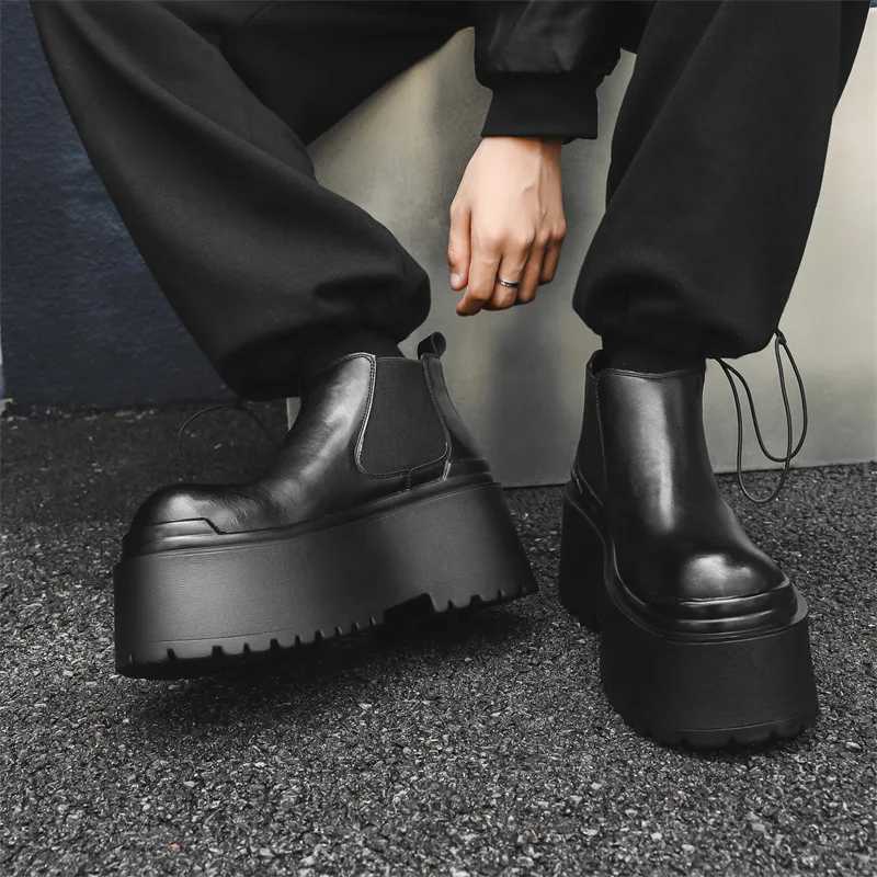 2024 Mens Leather Heightening Super Thick-soled Chelsea Ankle Boots Muffin Shoes Short Boots W250716