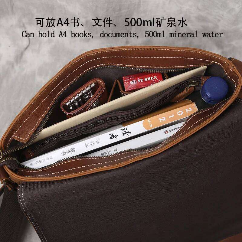 NZPJ New Shoulder Retro Top Layer Cowhide A4 File Men's Brown Handmade Crazy Horse Leather Messenger Bag
