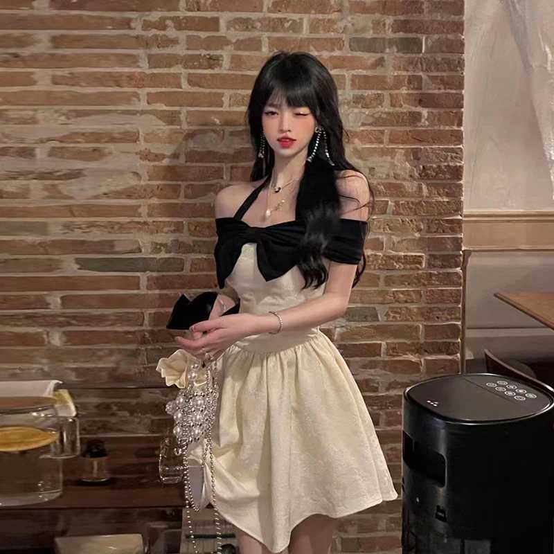 MEXZT Elegant Bow Mini Dress Women Fashion Party Sexy Slash Neck Dresses Summer Fairy Korean Halter Bodycon A Line Dresses New R250716