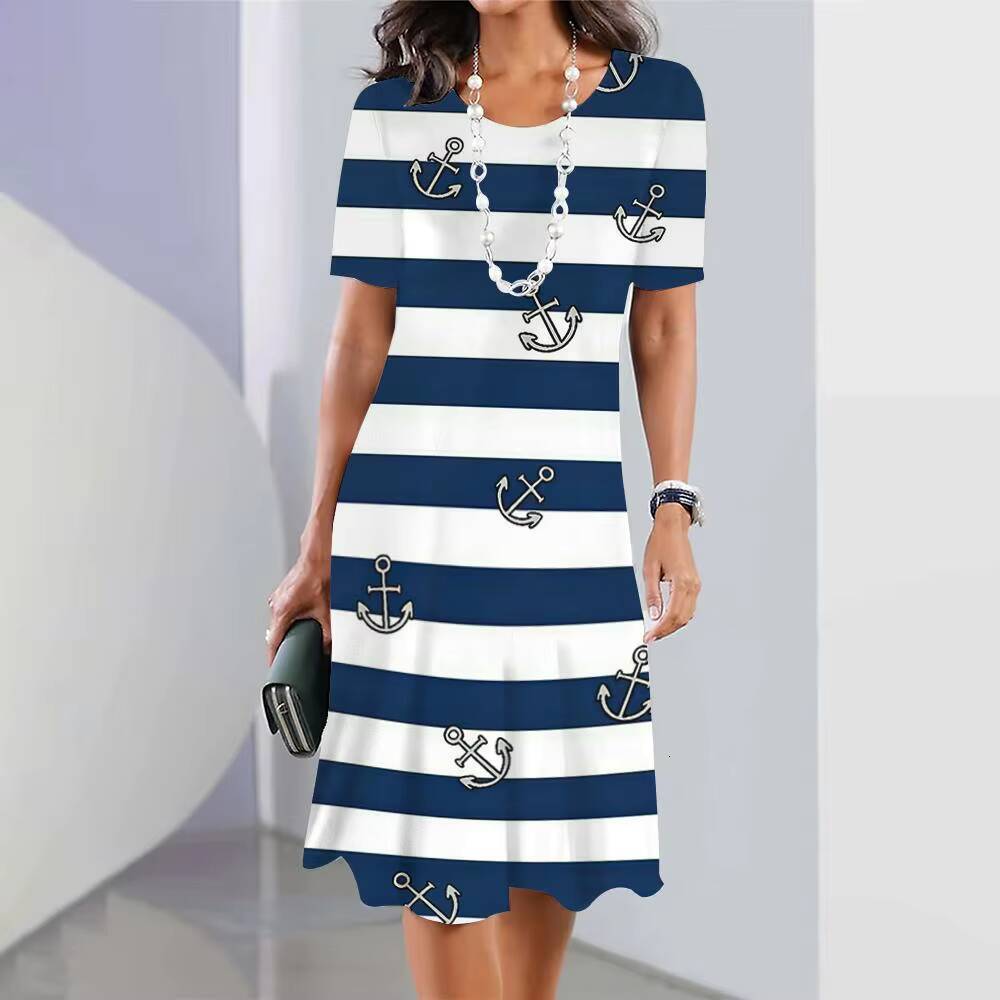 2024 New Womens Anchor Print Vacation Midi Female Elegant Dresses Summer Short Sleeve Dress Fashion Oversized dongdumaoyi
