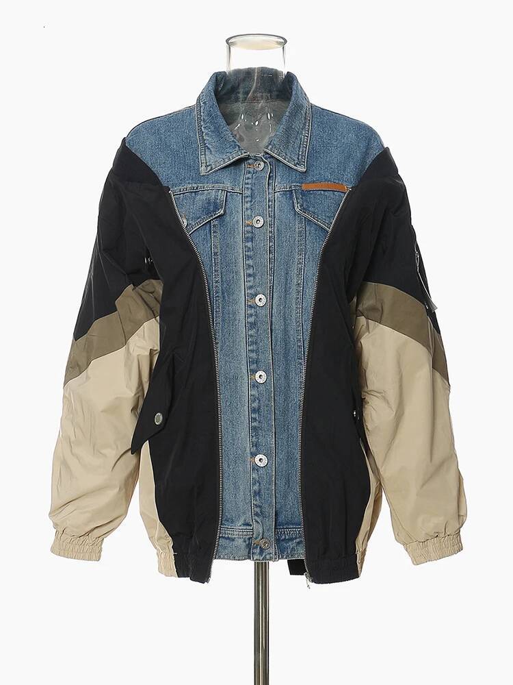 Loose Fit Blue Denim Color-Block Big Size Jacket New Lapel Long Sleeve Women Coat Fashion Tide Spring Autumn 2025 1Df1519