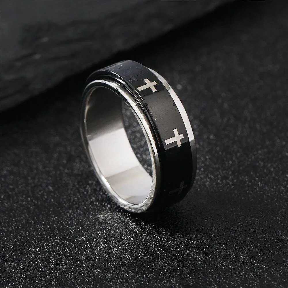 Rotatable Metal Cross Ring For Men Women White In Black Stainless Steel Ring Punk Gothic Accessories Christian Jewelry Gift S250716