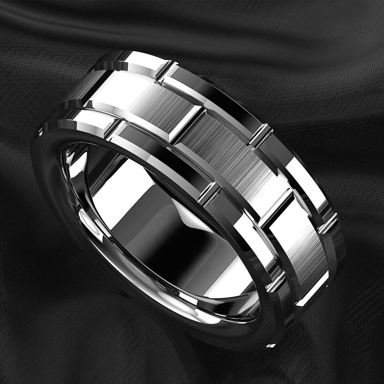 Fashion 8mm Brick Pattern Stainless Steel Rings For Men Black Brushed Double Groove Men Engagement Rings Wedding Band Jewelry S250716