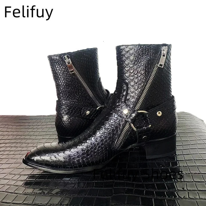 Genuine Leather Black Western Boots Snakeskin Buckle Strappy Men Ankle Boots Flats Trainers Side Zip Sapatos Shoes Men 250715