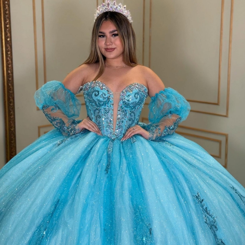 Blue Shiny Quinceanera Dresses Ball Gown Off The Shoulder Applique Lace Beading Crystal Tull Corset Party Birthday Puff Sleeve Sweet 16 Dress Vestidos