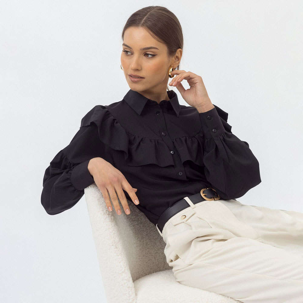 Ruffle Hem Spring New French Elegant Temperament Commuter Versatile Solid Color Shirt B5